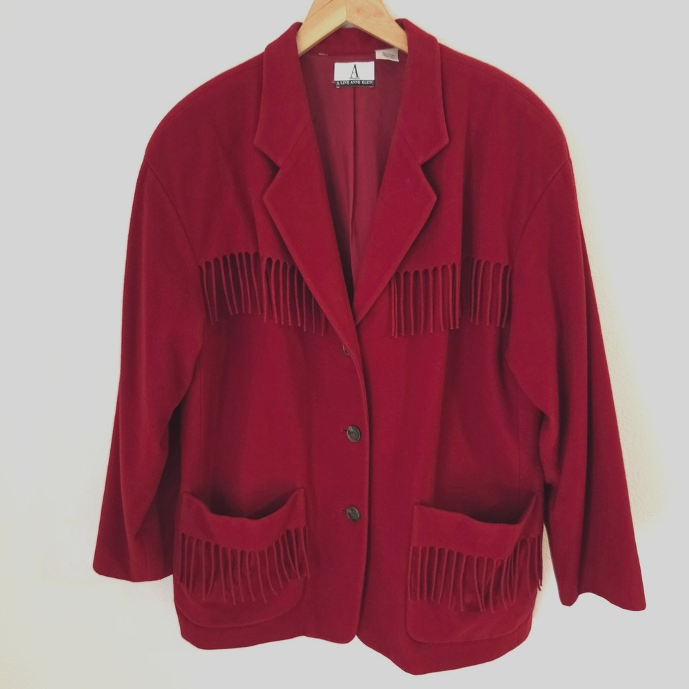 A Line Anne Klein Red 100% Wool Fringe Western Jacket Coat Made in USA XL - Picture 2 of 11